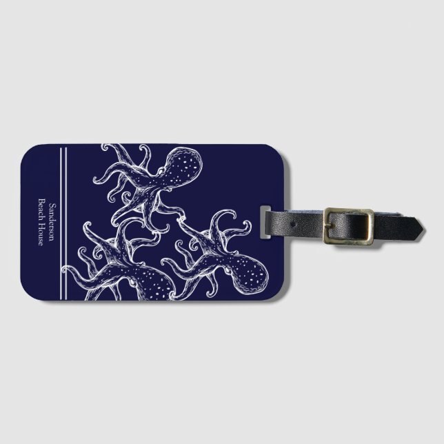 Étiquette À Bagage Blancs Octopus marine bleu marine océan côtier (Devant Horizontal)