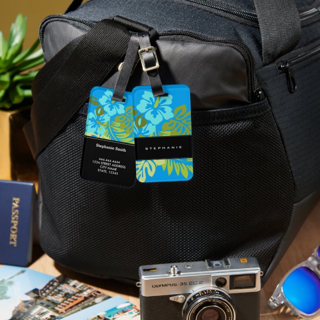 Étiquette À Bagage Bleu azuré de ketmie tropicale moderne de plage (Recto & Verso)