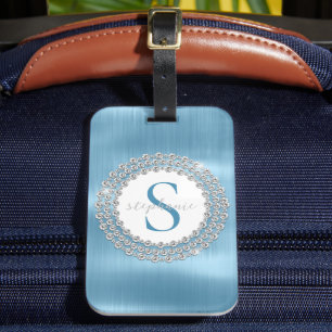 Étiquette À Bagage Bleu brossé métal brillant diamant brillant Monogr