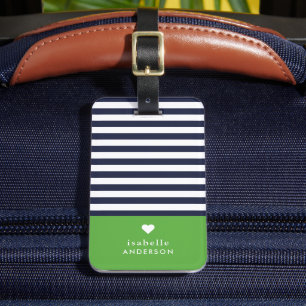 Étiquette À Bagage Bleu de marine et vert Chic rayures Coeur Monogram