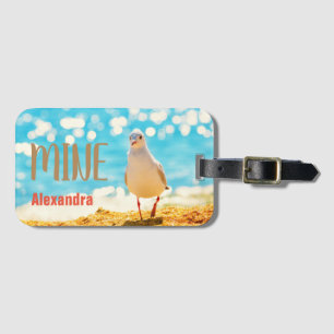 Étiquette À Bagage Bleu de plage personnalisé avec mouette