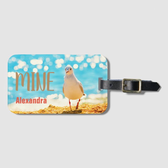 Étiquette À Bagage Bleu de plage personnalisé avec mouette (Devant Horizontal)