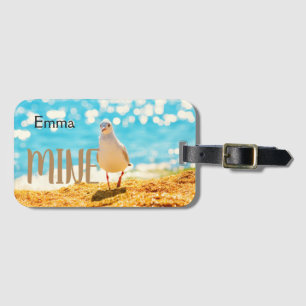 Étiquette À Bagage Bleu de plage personnalisé avec mouette
