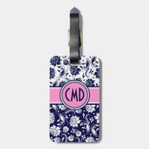 Étiquette À Bagage Bleu et blanc Damas Floral Accents rose 2