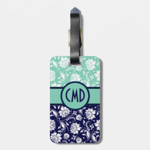 Étiquette À Bagage Bleu et blanc Damas Floral Accents Turquoises