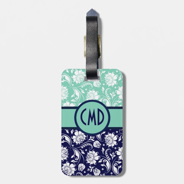 Étiquette À Bagage Bleu et blanc Damas Floral Accents Turquoises (Dos Vertical)