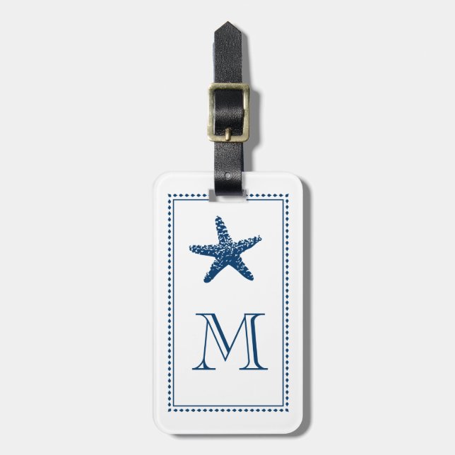 Étiquette À Bagage BLEU gracieux de monogramme d'étoiles de mer de (Devant Vertical)