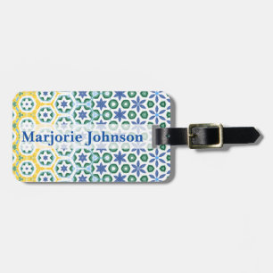 Étiquette À Bagage Bleu joyeux à motif jaune