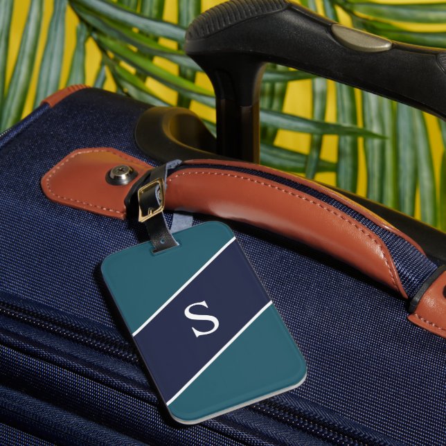 Étiquette À Bagage Bleu monogramme vert et bande géométrique marine (Insitu Rectoal 1)