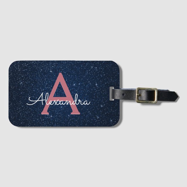 Étiquette À Bagage Bleu Nuit et Rose Gold Paillettes Monogramme (Devant Horizontal)