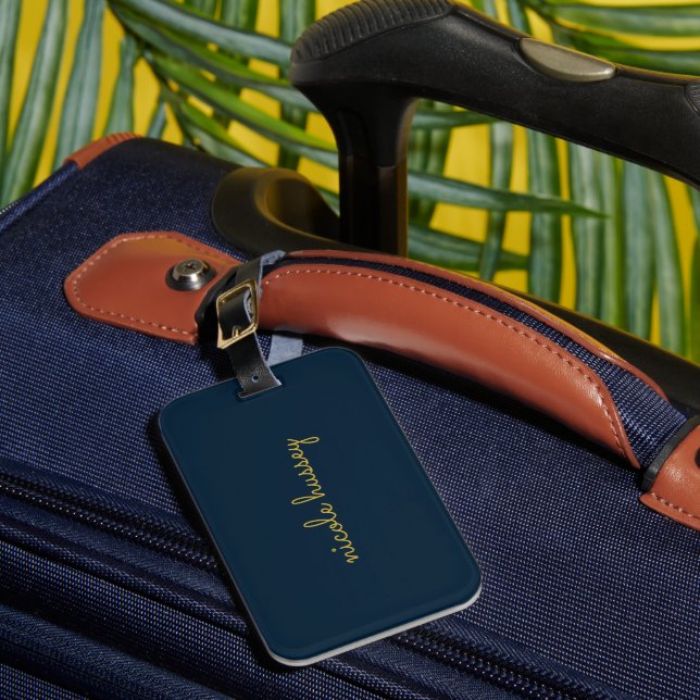Étiquette À Bagage Bleu Nuit Or Script  | Monogramme Moderne Élégant (Insitu Rectoal 1)