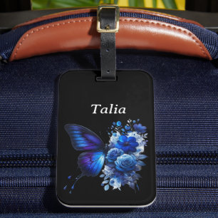 Étiquette À Bagage Bleu sur Papillon floral noir Personnalisé