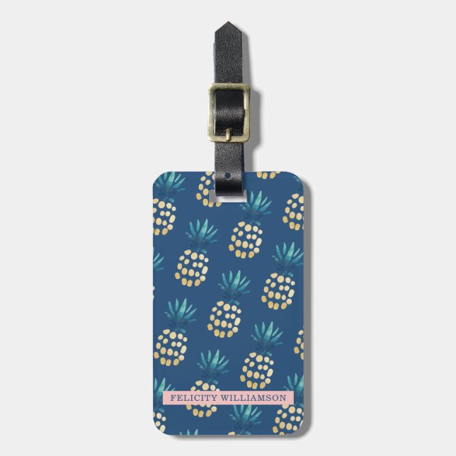 Étiquette À Bagage Bleu, Teal et motif tropical de fruit d'ananas (Devant Vertical)