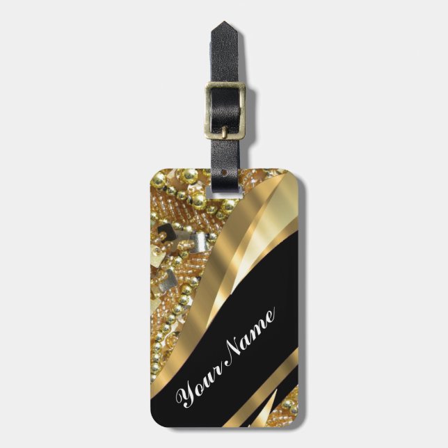 Étiquette À Bagage Bling d'or et motif noir de remous (Devant Vertical)