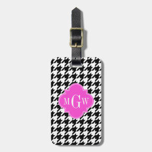 Étiquette À Bagage Blk Wht Houndstooth Hot Rose Quatrefoil 3 Monogram