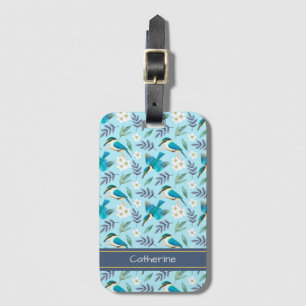 Étiquette À Bagage Blue Kingfisher Birds Motif Floral Nom Vintage