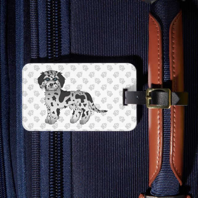 Étiquette À Bagage Blue Merle Mini Goldendoodle Cartoon Chien & Texte (Insitu Rectoal 4)
