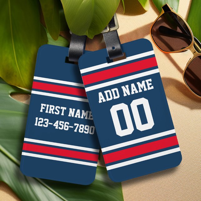 Étiquette À Bagage Blue Red Football Jersey Nom personnalisé Numéro (Personalized Sports Luggage Tag - Football Jersey Theme)
