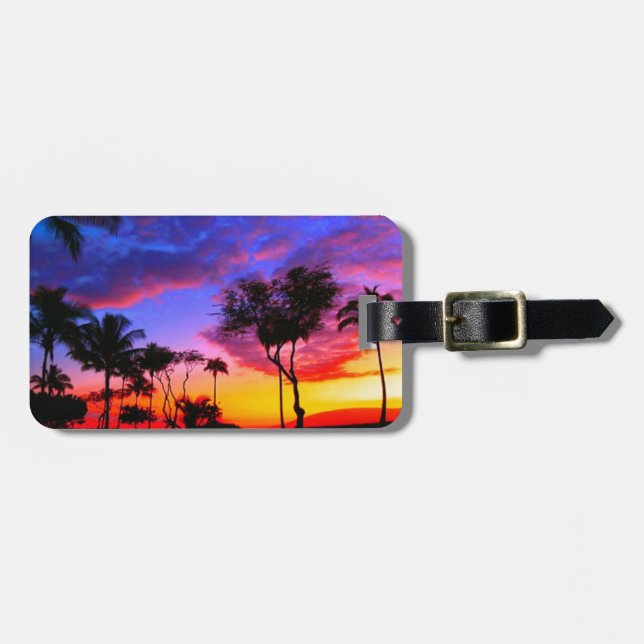 Étiquette À Bagage Blue Red Sunset Exotic Hawaiian Beach Palm Trees (Devant horizontal)
