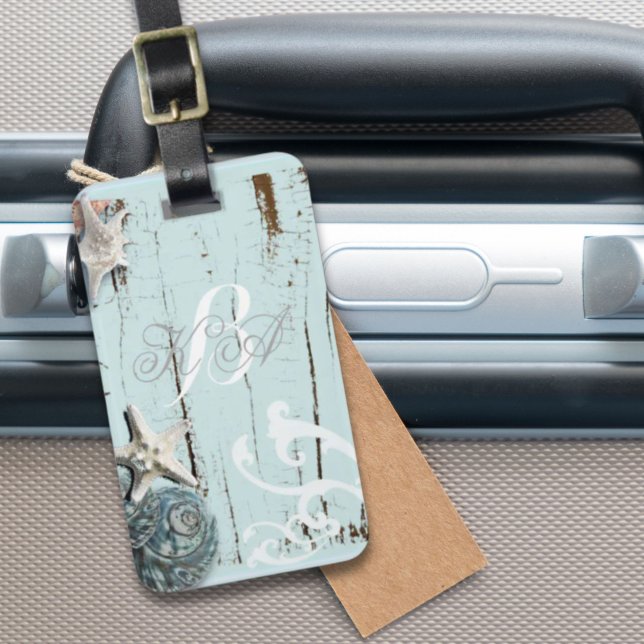 Étiquette À Bagage BLue Seashells Beach Mariage (Elegant wood BLue Seashells Beach Wedding Luggage Tag)