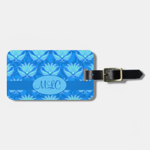Étiquette À Bagage Blue Turquoise Art Nouveau Damask Monogramme