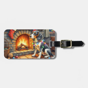 Étiquette À Bagage Bluetick Coonhound Cheminée avec Lumières de Noël