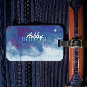 Étiquette À Bagage bluish watercolor with name cool & modern