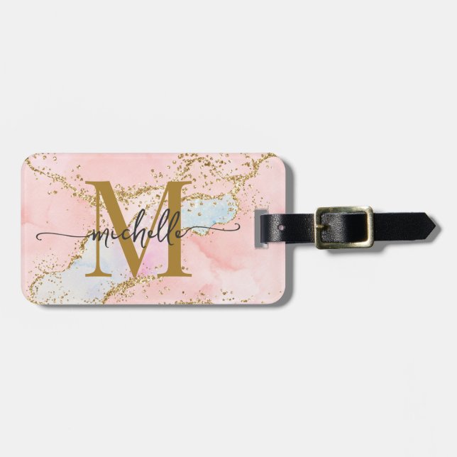 Étiquette À Bagage Blush Rose Élégant Monogramme Initiale en Agate Sc (Devant horizontal)
