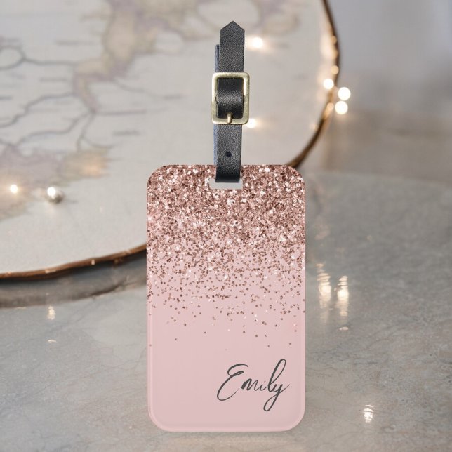 Étiquette À Bagage Blush Rose Gold Glitter Monogram Féminin (Créateur téléchargé)