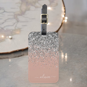 Étiquette À Bagage Blush Rose Gold Monogramme Pailleté Argent Rose