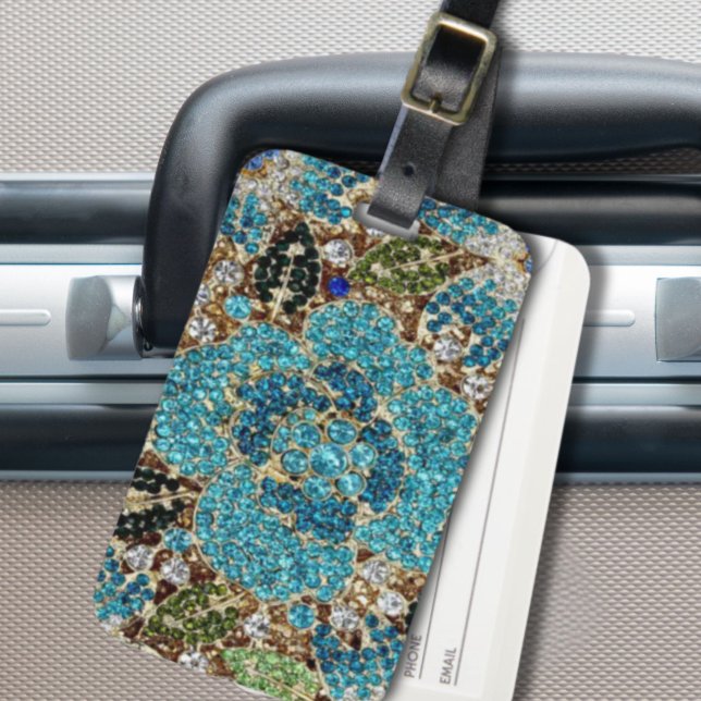 Étiquette À Bagage bohème girly chic argent turquoise fleur bleu (bohemian girly chic silver turquoise blue flower luggage tag)