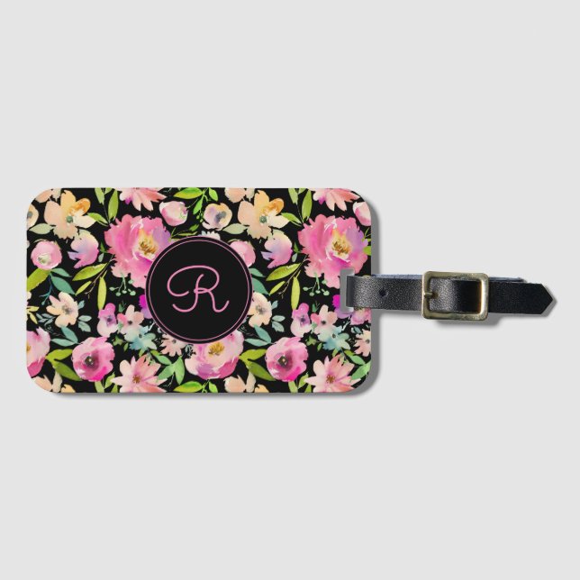 Étiquette À Bagage Boho Pastel Rose Floral Aquarelle Botanique (Devant Horizontal)