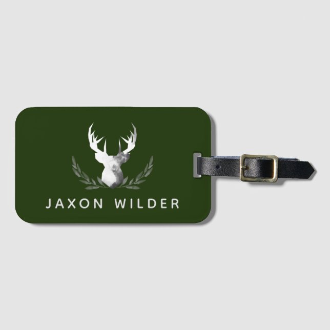 Étiquette À Bagage Bois vert blanc Antlers Aquarelle fumée (Devant Horizontal)
