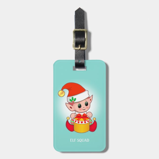 Étiquette À Bagage Boîte cadeau et elfe de Noël sur Turquoise (Devant Vertical)