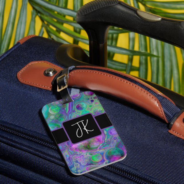 Étiquette À Bagage Bokeh en marbre violet, vert et bleu fluidisé (Insitu Rectoal 1)