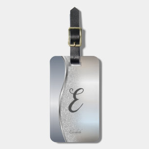 Étiquette À Bagage Bokeh pailleté argent élégant, monogramme