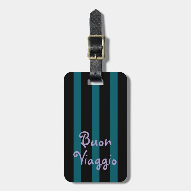 Étiquette À Bagage Bold Black and Teal Stripes | Buon Viaggio (Devant Vertical)
