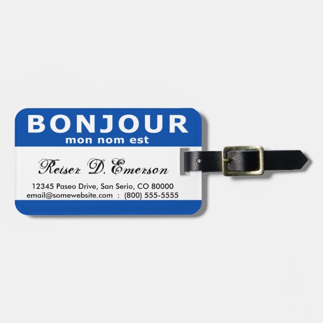 Étiquette À Bagage BONJOUR mon nom est (bleu) (Devant horizontal)