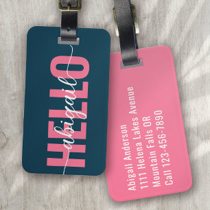 Étiquette À Bagage Bonjour Votre Nom Pink Blue Calligraphy