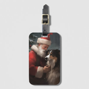 Étiquette À Bagage Border Collie avec le Père Noël Noël Festif
