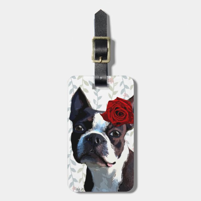 Étiquette À Bagage Boston Terrier avec Rose sur Head 2 (Devant Vertical)