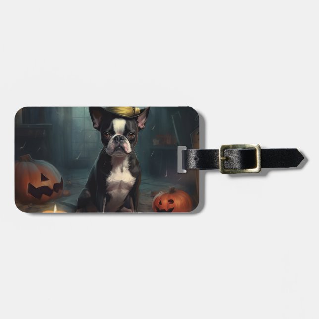 Étiquette À Bagage Boston Terrier Citrouille Halloween effroi (Devant horizontal)