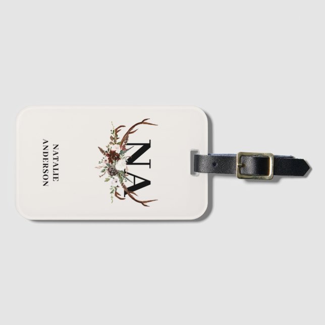 Étiquette À Bagage botanique florale rustique monogramme d'automne pe (Devant Horizontal)