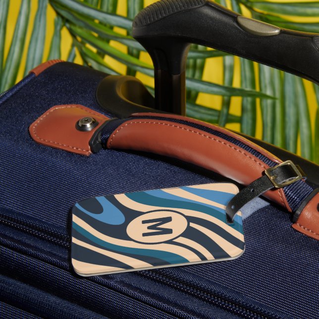 Étiquette À Bagage Boucles ondulées Retro Abstrait Motif Initial Blue (Insitu Rectoal 3)