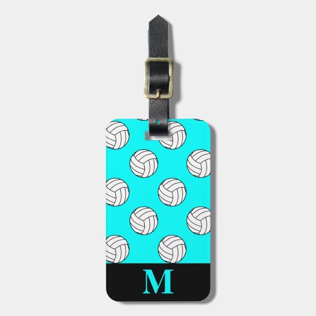 Étiquette À Bagage Boules de volley-ball blanc monogramme, bleu aquat (Devant Vertical)