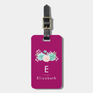 Étiquette À Bagage Bouquet de fleurs rose et vert Pastel sur Magenta 