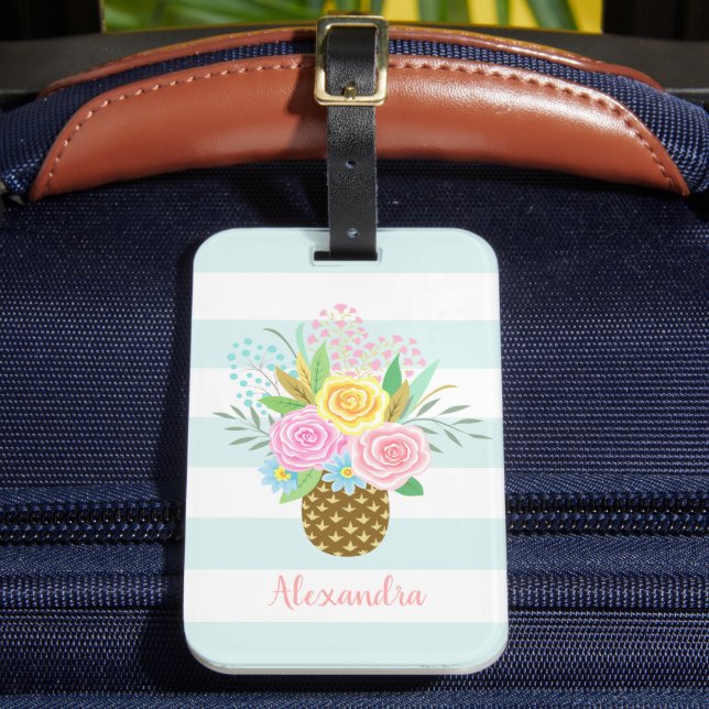 Étiquette À Bagage Bouquet Rose d'ananas rose Turquoise bandes (Insitu Rectoal 2)