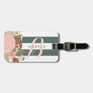 Étiquette À Bagage Bouquet rose et bandes vertes Nom personnalisé