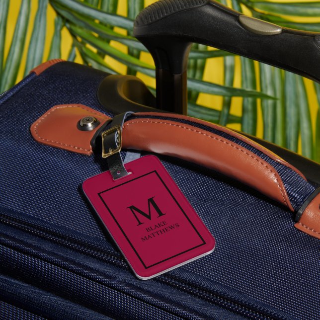 Étiquette À Bagage Bourgogne Personnaliser Il Noir Monogramme & Nom (Insitu Rectoal 1)