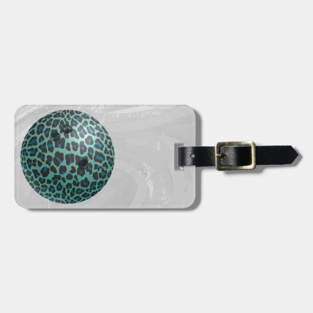 Étiquette À Bagage Bowling Ball Leopard Turquoise (Devant horizontal)